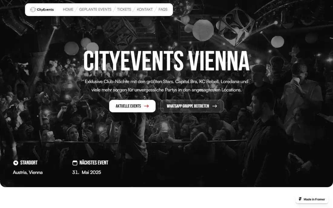 Einblick in die Website von CityEvents Vienna